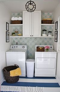 DIY laundry room update with stenciled walls and DIY painted vinyl floors via View Along the Way #laundryroom