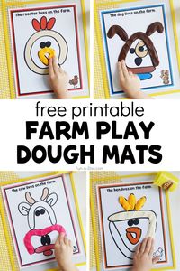 Free printable farm animal playdough mats perfect for preschool, pre-k, and kindergarten kids. Use them during your next farm theme or after a field trip to the farm. Lots of fine motor, math, and literacy skills with simple farm play dough mats. Click on Fun-A-Day.com to get your own copy.