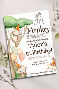 🐵🎉 Swing into a WILD celebration with our Monkey Birthday Party Invitation! This playful invitation features adorable monkeys, setting the tone for a fun-filled bash. Fully customizable, add your party details and let the party planning begin! Join us for a day of banana-splitting fun, jungle games, and laughter. This monkey invite is perfect for a monkey or jungle themed party! Make your little one's birthday a barrel of laughs with our Monkey Birthday Party Invitation. Order now and let t