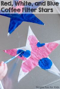 Crafts for Kids: Red, white, and blue coffee filter stars only take minutes to make, and they make great patriotic decorations! (Free template included!)