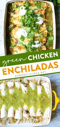 Try these chicken enchiladas! They're one of the best weeknight dinner recipes ever. Paired with salsa verde, green chiles, and Monterey Jack cheese, this super easy rotisserie chicken dinner is so good!