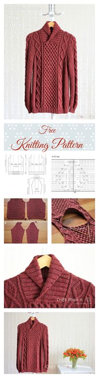 Get free knitting pattern of stylish & luxury Shawl Collar Cable Pullover. Sizes: 32, 36, 40, 44, 48 and 52 inch chest measurements, suit both men & women.