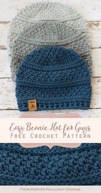 This simple beanie is quick and easy to crochet, and makes a warm winter hat. It comes in 4 sizes for men and boys, but also works for women. #kirstenhollowaydesigns #freecrochethatpatterns #crochethatpatternsformen