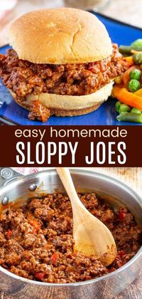 Homemade Sloppy Joes will have the kids running to the dinner table! The slightly sweet, mildly spicy, rich and tangy flavor you love, but made with simple pantry ingredients instead of a pre-made can of sauce. A quick and easy dinner recipe for busy families with flexible serving options besides just piling the ground beef mixture on a hamburger bun. Check out the blog post for easy, fun, and even gluten free serving suggestions.