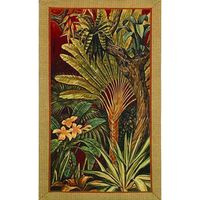 Bali Garden II Tapestry This colorful wall hanging of a scene filled with tropical trees and plants will bring life to any wall in your home. Jacquard woven cotton blend tapestry. Over-stitched and folded over hem gives a perfect finished look. Includes a sewn in tapestry rod sleeve for easy rod hanging