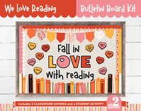 Decorate your classroom for Valentine's Day with this printable Reading Book themed Bulletin Board Kit design. All files are clearly labeled & neatly organized to make cutting out and building your bulletin board a breeze! This bulletin board kit design includes: * Three wording options to choose from:   - Fall in Love with Reading   - Our Sweet Reads   - Reading is Sweet  * Scalloped edge and patterned border designs * Colorful Banner swag pieces (NOTE: rope image is not included) * Main bulletin board theme design elements:   - colorful books * Decorative design elements to fill in the board:   - conversation hearts   - hearts that can be personalized with student names (in Canva) * A student writing activity You will receive: * Detailed instructions and all files needed (clearly labeled