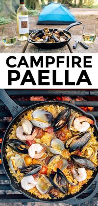 This campfire paella cooked in a cast iron skillet is camping food at it's best!