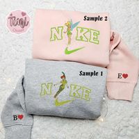 Peter Pan And Tinker Bell x Nike Couple Embroidered Shirt, Disney Characters Embroidered Hoodie, Valentine's Day Embroidered Sweatshirt