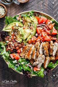 BLT Balsamic Chicken Avocado Feta Salad is a delicious twist to a BLT in a bowl, with a balsamic dressing that doubles as a marinade!