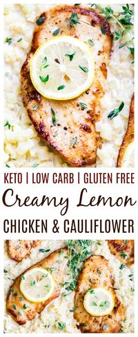 Skillet Creamy Lemon Chicken with Cauliflower - a delicious low carb, one pan meal! Seared chicken in a creamy sauce flavored with lemon and fresh thyme make this a main dish the whole family will love! This easy recipe is suitable for those who are gluten free and following a keto diet as well! | #dlbrecipes #skilletmeal #onepanmeal #lemonchicken #ketorecipes