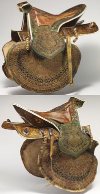 Ottoman saddle, 16th century, wood, bone, leather, textile, polychromy, H. 11 3/4 in. (); L. 20 1/2 in. (); Wt. 9 lb. 3 oz. (4167 g). This saddle is the only known Ottoman example of its type. The use of pierced leather decoration appliquéd on different colored grounds occurs on a small number of Ottoman objects such as bow cases, quivers, canteens of the 16th century. It appears that all of them were made for high-ranking officers. Met Museum.