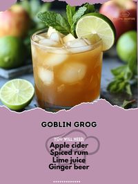 🧙‍♂️🍵 Unleash your inner goblin with our Goblin Grog—this spooky sip is perfect for a hauntingly good time! 🎃🍏 #GoblinGrog #SpookySips Goblin Grog Ingredients: Apple cider (2 oz) Spiced rum (2 oz) Lime juice (1 oz) Ginger beer (3 oz) Fresh lime wedge (for garnish) Mint sprig (for garnish) Ice (as needed) Instructions: In a glass, combine apple cider, spiced rum, and lime juice over ice. Stir well and top with ginger beer. Garnish with a lime wedge and mint sprig. 🧙‍♂️🍵 The Goblin Grog is ...