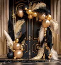 Unleash your creativity with our range of stunning digital backdrops! Our collection, has been thoughtfully designed to cater to photographers of all skill levels. Transform your photography with our unique and high-quality backdrops. Showcasing this beautiful Elegant Black and Gold Arch Digital Photography Backdrop. This sophisticated backdrop, featuring an arch decorated with balloons and feathers, is perfect for capturing memorable moments for birthdays, New Year's Eve,Anniversary, or any pos