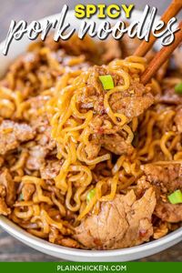 Spicy Pork Noodles - ready to eat in 10 minutes!!! Only 5 ingredients! Great weeknight meal!! Great way to use up leftover pork tenderloin. Pork tenderloin, brown sugar, soy sauce, chili garlic sauce, ramen noodles and green onions for garnish. Can add green beans or asparagus. We ate this twice in one week. Everyone LOVES this easy noodle bowl!! #pork #asian #ramen #noodles