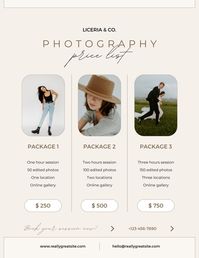 Want a unique way to display your packages with your own work? You can fully edit this to fit the need of your business to show off what you offer as well as some of your work! These are fully editable in Canva or Photoshop.