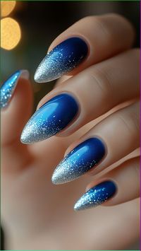 Deep Blue and Silver Tips nails offer a sleek, sophisticated twist for fall. The rich blue base paired with sparkling silver tips adds a touch of elegance to your manicure. Click the pin and follow us for more stylish nail ideas! #FallNails #BlueAndSilver #NailArt #NailDesigns #NailInspo