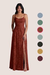 Feel vibrant and captivating wearing Moira! This alluring floor-length, A-line bridesmaid dress is made of elegant floral burnout fabric. She features a scoop neckline, spaghetti straps, an enticing leg slit, and pockets.