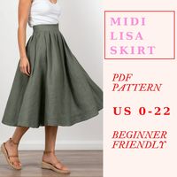 The midi lisa skirt pdf sewing pattern is  a must have for your sewing projects. With this pattern, you can create  beautiful midi circle skirt that is gathered on the waistline and with a large waistband suitable for any season due to the high range of fabrics that you can use. This full gathered circle skirt sewing pattern is beginner-friendly. It includes detailed sewing instructions to ensure that everyone can easily follow along. This easy sewing pattern is available in 12 sizes, from US 0