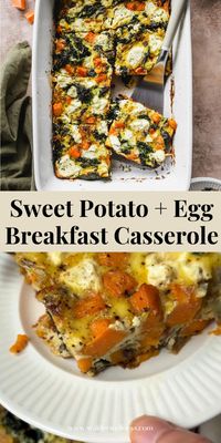 This sweet potato breakfast casserole is made with protein-packed eggs, kale, goat cheese, and cozy seasonings like rosemary and thyme. A healthy, easy-to-make, vegetarian breakfast option to serve a crowd or enjoy for meal prep!