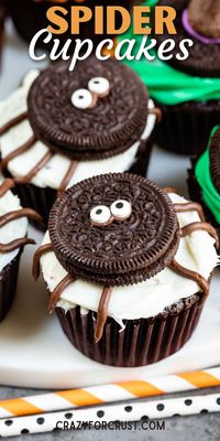 Spider Cupcakes with Oreos are easy Halloween Cupcakes with chocolate frosting and candy eyes.