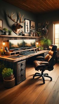 This cozy, rustic workspace brings the charm of the outdoors inside. With a dark wood desk, leather chair, and natural accents, it’s perfect for creating a productive yet serene environment. Ideal for nature lovers and those seeking a unique, masculine workspace vibe.