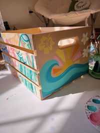 bikini bin painting for summer // bikini bin painting ideas // wooden crate painting #bikinizone #woodart #woodworkingproject #wood #painting #paint #craft #trendy #trending #tiktok #summer #summervibes #summercraftsforkids #vibes #ocean #oceanart #shark