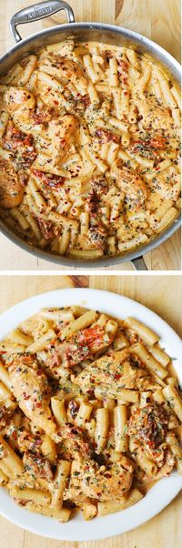 Chicken breast tenderloins sautéed with sun-dried tomatoes and penne pasta in a creamy mozzarella cheese sauce seasoned with basil, crushed red pepper flakes. If you love pasta, if you love Italian food – you’ll LOVE this recipe! JuliasAlbum.com #penne #vegetables #creamy