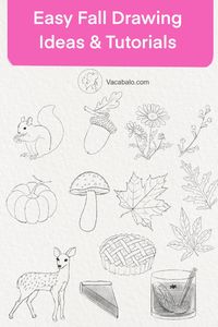 Get inspiration and boost your creativity with 20 easy fall drawings. Download the step-by-step tutorial for FREE and learn how to draw a pumpkin, a deer, a maple leaf, and so many more this autumn.  Check out my blog post via the link in this pin for the downloadable fall drawing tutorial.   #falldrawingideas #easyfalldrawings #pumpkindrawing #mapleleaf #howtodraw #fallleavesdrawing #drawing #pencilsketching #pencildrawing