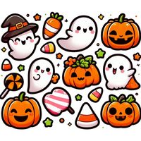 "Cute Halloween Ghost and Pumpkin Stickers - Kawaii Spooky Candy and Sweets Designs" Add a touch of cuteness to your Halloween projects with this adorable set of ghost and pumpkin sticker designs. Featuring kawaii-style ghosts, pumpkins, candies, and other sweet Halloween elements, this high-quality set is perfect for crafting, scrapbooking, party decor, and DIY projects. The vibrant colors and playful expressions of each character make this set a delightful addition to any creative endeavor. Wh