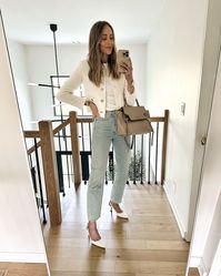 White jacket and jeans outfit for women, white heels and jeans outfit, spring outfit with white jacket, white lady jacket