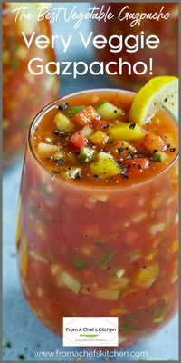 This deliciously crunchy and chunky vegetable-packed version of gazpacho, the classic cold Spanish soup is as refreshing as it gets! Very Veggie Gazpacho – The Best Vegetable Gazpacho has tomatoes, cucumbers, celery, bell peppers, jalapeño peppers, scallions, and plenty of garlic float in a tangy tomato juice base you’ll crave all summer long!