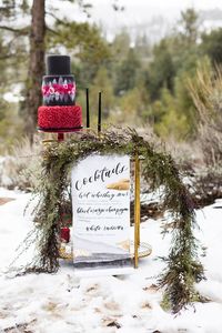 Moody Winter Wedding Cake | For this moody winter styled shoot we choose colors that would pop against the white snow. Rich reds, purples, and black became the perfect palate. The beautiful bride transformed into an “ice queen” with a quartz crown. The flowers fit the stunning moody and bold vibe of this wedding styled shoot in Frazier Park, CA. #JAE #janealexandraevents #mountainweddingvenue #winterweddingplanning #californiawinterwedding