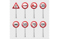 Road signs collection isolated on transparent background. Road traffic control.Lane usage.Stop and yield. Regulatory signs.Speed limit.