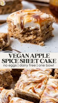 This fluffy and soft vegan apple spice cake comes together in one bowl and has sweetly spiced fresh apple pieces throughout! Topped with a silky dairy free cream cheese frosting and caramel, and no need to even peel the apples- it's so easy!