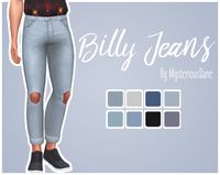 Mysterious Dane 600 followers gift 2/?: Billy Jeans I was inspired to edit these base game jeans a bit (made them shorter + tighter around the ankles) and add knee holes because I don’t have any jeans like that in my game at the moment? :^0 Anyway, it’s nothing major but yeah! 8 random swatches! :^) Has a custom thumbnail BGC! Feel free to recolour/retexture but don’t include the mesh :^D Tag me if you use these, I’d love to see! ♡