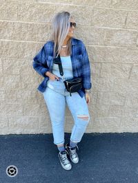 Click Photo to Shop! Flannel, blue, jeans, denim, grunge, edgy, hightop, sneakers, socks midsize, curvy, outfit, idea, inspo, inspiration, outfit of the day, ootd, midsize ootd, curvy ootd, midsize outfit, curvy outfit, size 12, size 14, size 16, size18