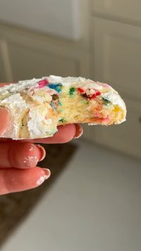 These funfetti crinkle cookies put the fun in funfetti. They’re soft and chewy with a dense, fudgy center and loaded up with festive rainbow sprinkles!  1/2 cup unsalted butter, at room temperature 1 cup granulated sugar 2 large eggs, at room temperature 2 teaspoons vanilla extract 1/2 teaspoon almond extract 2 1/4 cups all purpose flour 1 1/4 teaspoons baking powder 1/2 teaspoon salt 1/3 cup rainbow sprinkles for the sugar coating  1/3 cup granulated sugar 1/3 cup powdered sugar