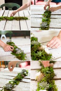 b.Willow designed wedding centerpiece. Moss table-runner with loose succulents, mini terrariums and mica flakes.