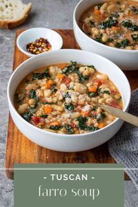 Packed full of whole grains and vegetables, this Tuscan farro soup recipe is a hearty and healthy vegetarian meal. You can whip up this one-pot soup as a weeknight meal or weekend meal prep idea.