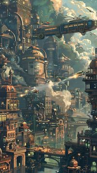 Steampunk city in a fantasy world with bridged and skyscapers.  #steampunk #fantasy #imagination #illustration #industrial