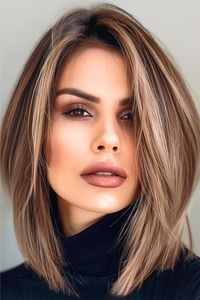 This chic hairstyle is a blunt bob with a modern look. The expertly blended highlights and soft, rounded layers enhance the sleek cut, providing depth and an illusion of fuller hair. Click here to see more stunning medium-length layered haircuts.