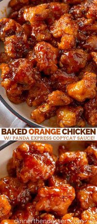 Baked Orange Chicken made with Panda Express Orange Chicken Copycat Sauce with an easy baked recipe that's easier and healthier than frying in 30 minutes! #orange #orangechicken #chinesefood #chinese #dinner #dinnerthendessert