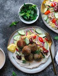 Vegan Greek Meatballs (Keftédes) with Lemony Orzo Salad