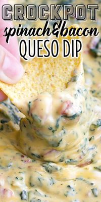 You'll never need another cheese dip recipe again after you try one bite of Crock Pot Spinach & Bacon Queso Dip! #BreadBoozeBacon #slowcooker #spinach #quesodip