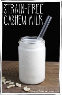 Strain-free Cashew Milk! This is my most favourite milk recipe! No straining, means no mess, means no waste! On top of that, all of the fiber and nutrients remain in the milk making this extra healthy. It even foams well for my morning latte! #itdoesnttastelikechicken