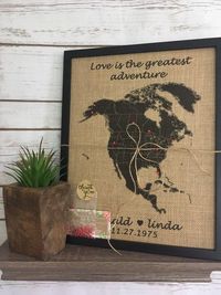 11x14" Framed Burlap Push Pin Travel Map of North America, US Mexico Canada, Push Pin, Cork Board, M