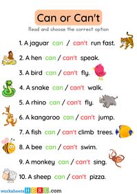 Can or Can't Exercises with Pictures and Answers Examples PDF Worksheet For Kids - WorksheetsHere.com