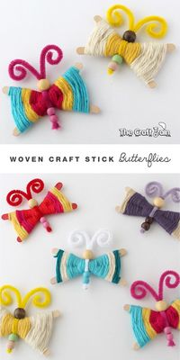 Woven Craft Stock Butterflies - create colourful butteries by wrapping yarn round craft sticks! Fun kids craft!