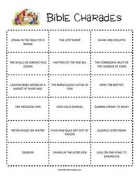 Free Printable Bible Charades Game. Free Printable Bible Charades Game to have fun with kids Bible at school, home or Church. A very easy Bible Charades Game to share with your kids or students. Just cut out the 18 charades cards and place them folded in a container. Then take turns drawing a paper from the container and act it