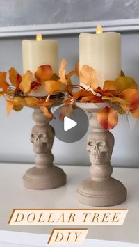 Jessica Morgan on Instagram: "Can you believe these faux stone candle holders are actually a Dollar Tree DIY! I found these candle holders in the dollar plus section of @dollartree They also had a few different designs to choose from. To get started I spray painted them white to give them a base coat. Next, I used a textured spray paint to give these candle holders a stone look. Then I just added some flameless candles. I also had to share this really simple hack for making a floral ring for your flameless candles. Just pick up your favorite faux florals that have a long stem. All you have to do is wrap it around the candle base to get the correct size, then just secure them in place with some zip ties. This might just be my favorite Halloween DIY so far this year!  . . #dollartree #dollar